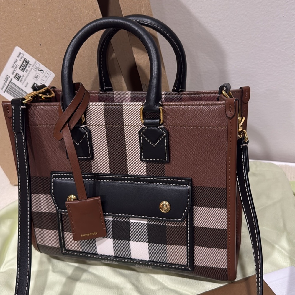 Burberry freya tote e-canvas check and dark birch brown item mini
